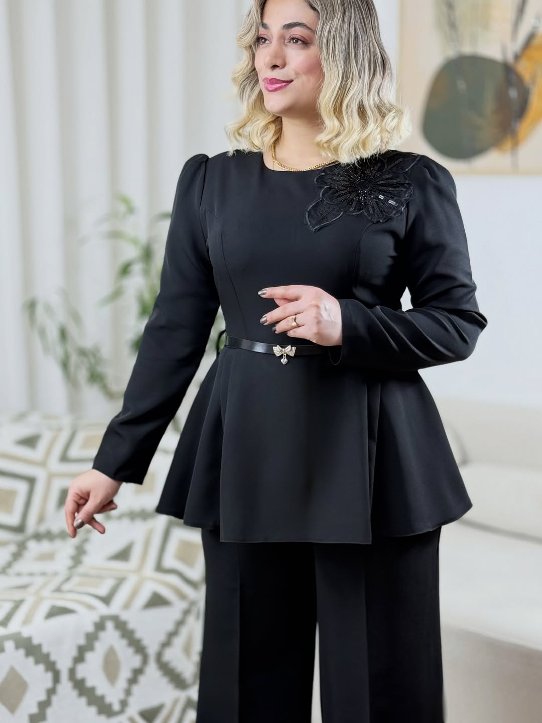 کت و شلوار مجلسی زنانه کرپ مدل ستایش کمربند دار